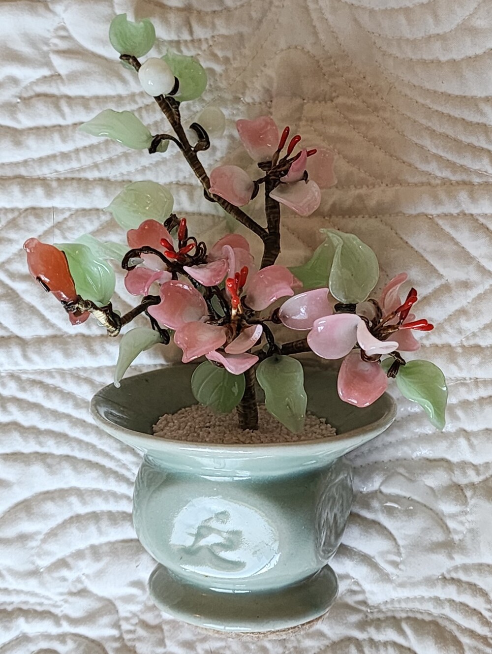 Vintage Chinese Floral Glass Jade & Pink Flower Bonsai Tree in Ceylon Green Pot
